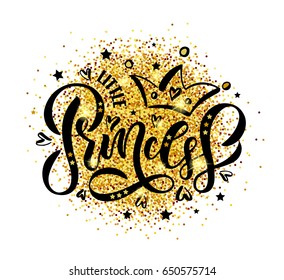 Vector illustration of Little Princess text for girls clothes. Royal badge, card, postcard, tag, icon. T-shirt design. Inspirational quote, banner. Feminine calligraphy. Lettering typography, poster.