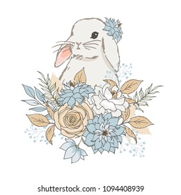 Vector illustration. Little rabbit and bouquet of flowers. A lovely, gentle composition in pastel colors