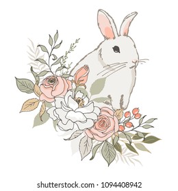 Vector illustration. Little rabbit and bouquet of flowers. A lovely, gentle composition in pastel colors