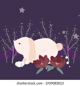 vector illustration of a little rabbit with flowers in a magic forest