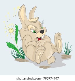 vector illustration of little rabbit laughs holding paws over her belly