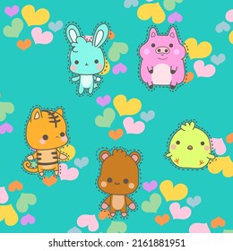 vector illustration of little rabbit, pig, cat, bear, and chicken in cute animal cartoon style