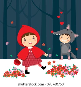 Ilustración vectorial de la pequeña capucha roja y del lobo gris