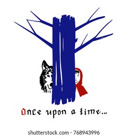 Vector illustration of Little Red Riding Hood fairy tale. The Wolf and Red Hood peeping out from behind a tree trunk. Ink drawing, gloomy atmosphere. Beautiful illustration of storytelling. 