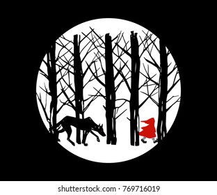 Vector illustration of Little Red Riding Hood walking through the woods with Bad Wolf chasing her. Ink drawing, heavy contour, gloomy atmosphere. Beautiful illustration of storytelling. 