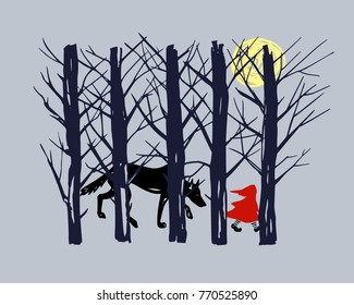 Vector illustration of Little Red Riding Hood walking through the woods with Bad Wolf chasing her. Ink drawing, heavy contour, gloomy atmosphere. Beautiful illustration of storytelling. 