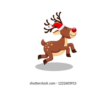 Vector Illustration Little reindeer with a red nose on a white background. Merry Christmas and happy new year. decorative element on holiday. Greeting card design.