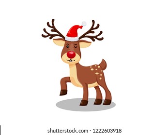 Vector Illustration Little reindeer with a red nose on a white background. Merry Christmas and happy new year. decorative element on holiday. Greeting card design.