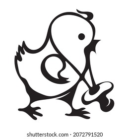 Vector illustration little rooster boy with a pacifier on his neck. Black line contour drawing, outline.
