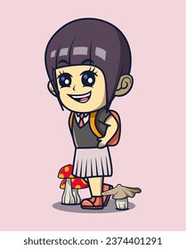 vector illustration of a little school girl walking and wearing a cute backpack. surrounding plants. back to school concept
