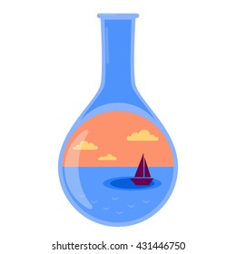 Vector illustration with little ship, sea and clouds inside of retort. 