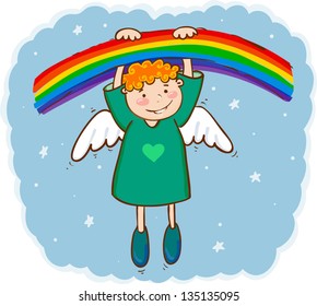 Vector illustration of little smiling angel and rainbow