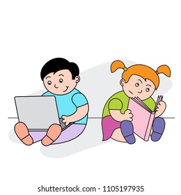 vector illustration of little smiling boy sitting behind laptop, little angry girl reading book, cartoon design