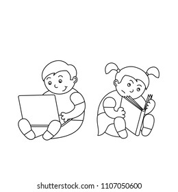 vector illustration of little smiling boy sitting behind laptop, little angry girl reading book, linear design