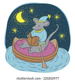 Vector illustration of little smiling mouse with in the boat. Night landscape with river, moon and stars. Beautiful image with cartoon character. Childish background with cute animal. 