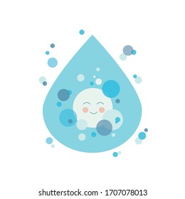 vector illustration, little smiling water drop surrounded by bubbles