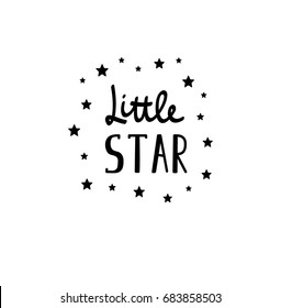 Vector illustration Little STAR lettering with black stars. Baby emblem for printing
