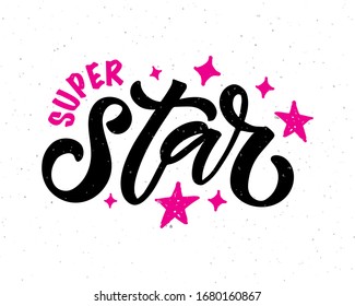 Vector Illustration Of Little Star Text For Girls Clothes. Super Star Badge, Tag, Icon. T-shirt Design, Card, Banner Template. Super Star Calligraphy Background. Lettering Typography For Boys