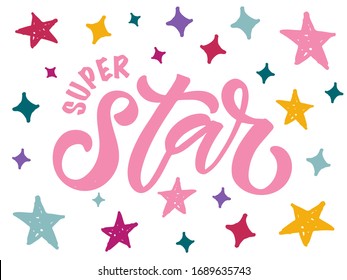 Vector Illustration Of Little Star Text For Girls Clothes. Super Star Badge, Tag, Icon. T-shirt Design, Card, Banner Template. Super Star Calligraphy Background. Lettering Typography For Boys