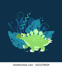Vector illustration of little Stegosaurus near the bushes. 