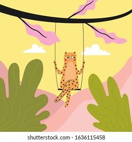 Vector illustration with little swinging leopard and green plant leaves. Pink mountains and white clouds. Trendy childish print design with animal. Suitable for apparel, greeting cards, posters