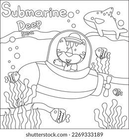 Vector illustration of little tiger driving submarine with cartoon style, Childish design for kids activity colouring book or page.