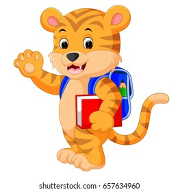 vector illustration of little tiger goes to school