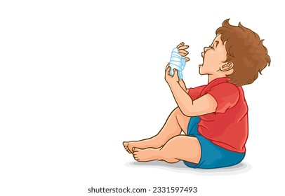 Vector illustration of little toddler boy with plaster bandage on wrist fracture,broken hand bone in cast,suffering from accident,sitting on floor crying in pain,on white.Prevent accidents in children