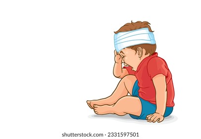 Vector illustration of little toddler boy with head injury,head bandage,broken head from accident,sitting on ground,crying out in pain from headache,on white.Prevent accidents in naughty children.