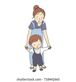 Vector illustration of little toddler first steps. Mother holding baby hand and helping him learn to walk. Early childhood development, family, happy mother's day concept. Cartoon character drawing.