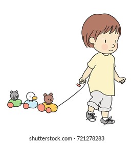 Vector illustration of little toddler pulling colorful wooden animal pull along train toy. Early child development activity, education, learning, child playing concept. Cartoon character drawing.