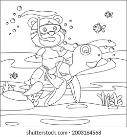 Vector illustration of little turtle and tiger are swim in underwater. Creative vector Childish design for kids activity colouring book or page.