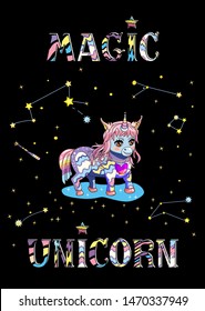 Vector illustration of Little unicorn  on the black sky with  stars and colorful lettering magic unicorn. 