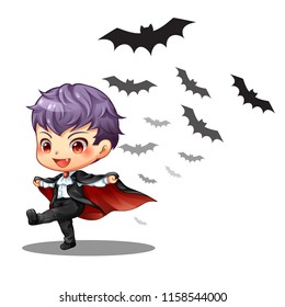 Vector illustration of a little vampires boy and bat on Halloween fastival