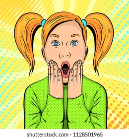 vector illustration of little very surprised girl in pop art style