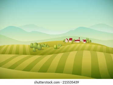 Vector illustration of little village landscape with fields.