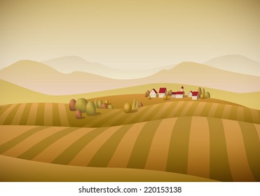 Vector illustration of little village landscape with fields. Autumn version. Elements are layered separately. 