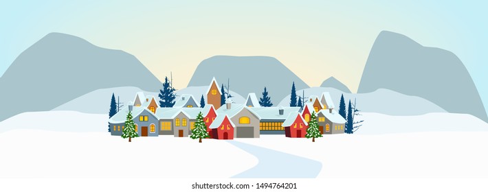 Vector illustration of a little village in the snowy mountains