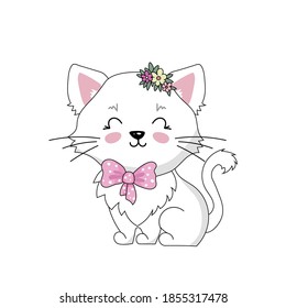 vector illustration of a little white cute kitten.  drawing of a cat with a pink bow in a children's cartoon style