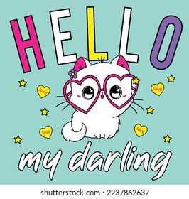 vector illustration of a little white cute kitten. drawing of a cat with a pink bow in a children's cartoon style tshrt pattern