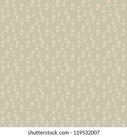 vector illustration of little white flowers placed on grey brown field, creating repeating vintage wallpaper, seamless background texture or retro textile, very bright spring pattern