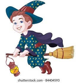 Vector illustration, little witch flying on it's broom, cartoon concept, white background.