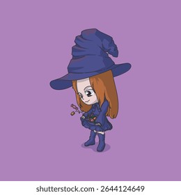 Uma ilustração vetorial de uma bruxinha ergueu seu vestido para carregar o doce ou doces no Halloween. Adequado para o conceito de tema de Halloween, aventureiro, imprimível etc
