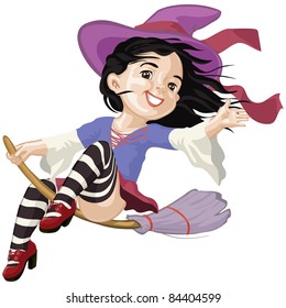 Vector illustration, little witch say's hello on Halloween, cartoon concept, white background.