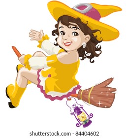 Vector illustration, little witch says hello on Halloween, cartoon concept, white background.