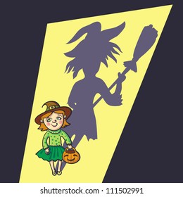 Vector Illustration With Little Witch And Shadow.
