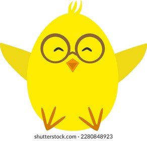 Vector illustration of little yellow chick character in glasses in cartoon style