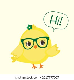 Vector illustration of a little yellow chicken with a green flower on its head says hi and flaps its wing.