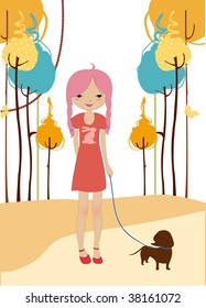 Vector illustration of little young girl walking with the dog.