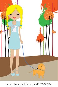 Vector illustration of little young girl walking with the dog